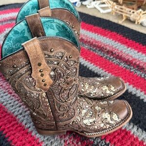 Corral Brown Glitter Embellished Western Boots with Teal Lining